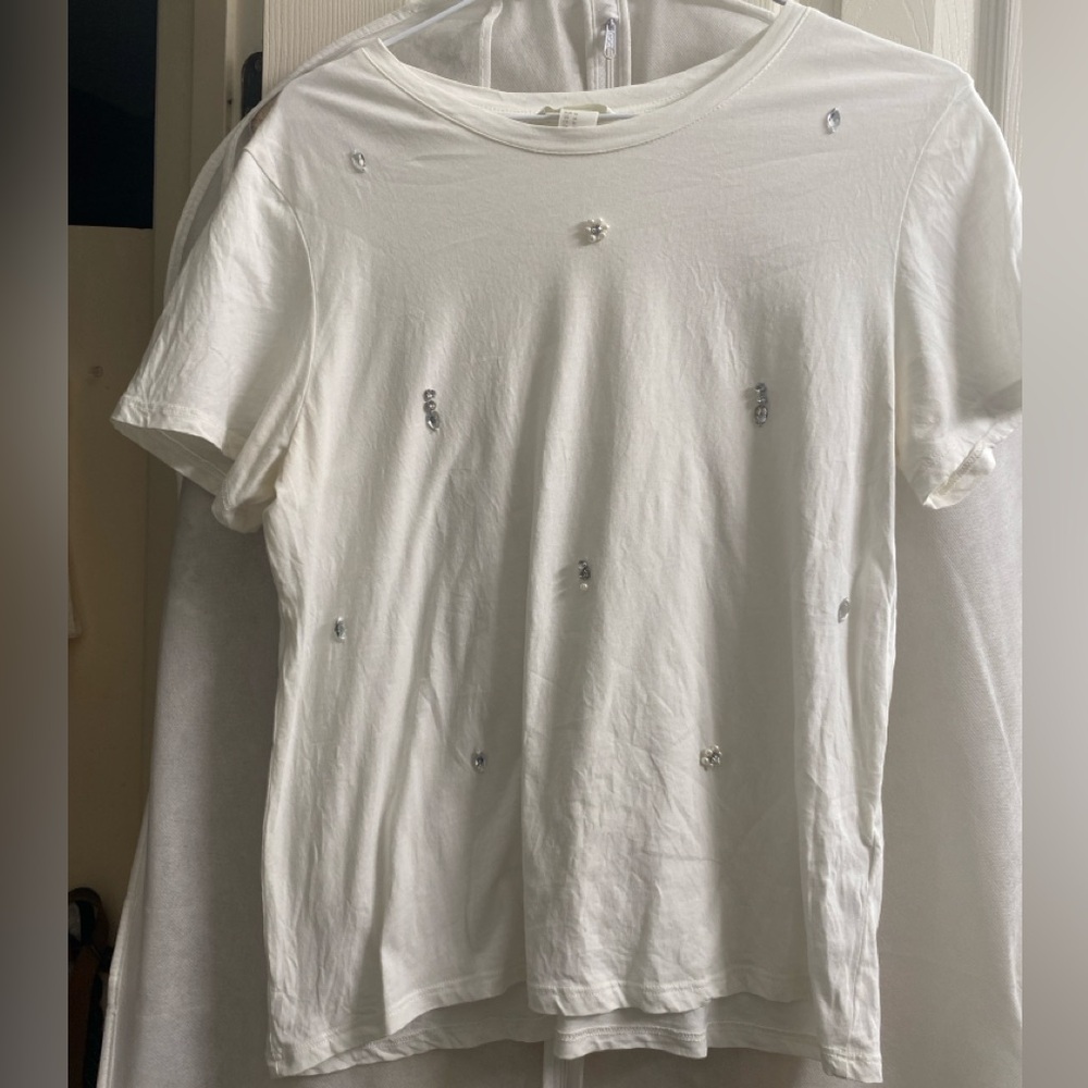 H&M Cream Short Sleeve Tee with Subtle Satin Trim